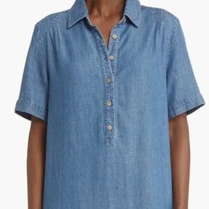 Faherty Denim Blue Tencel Lyocell & Linen Blend Shirt Dress with Pockets